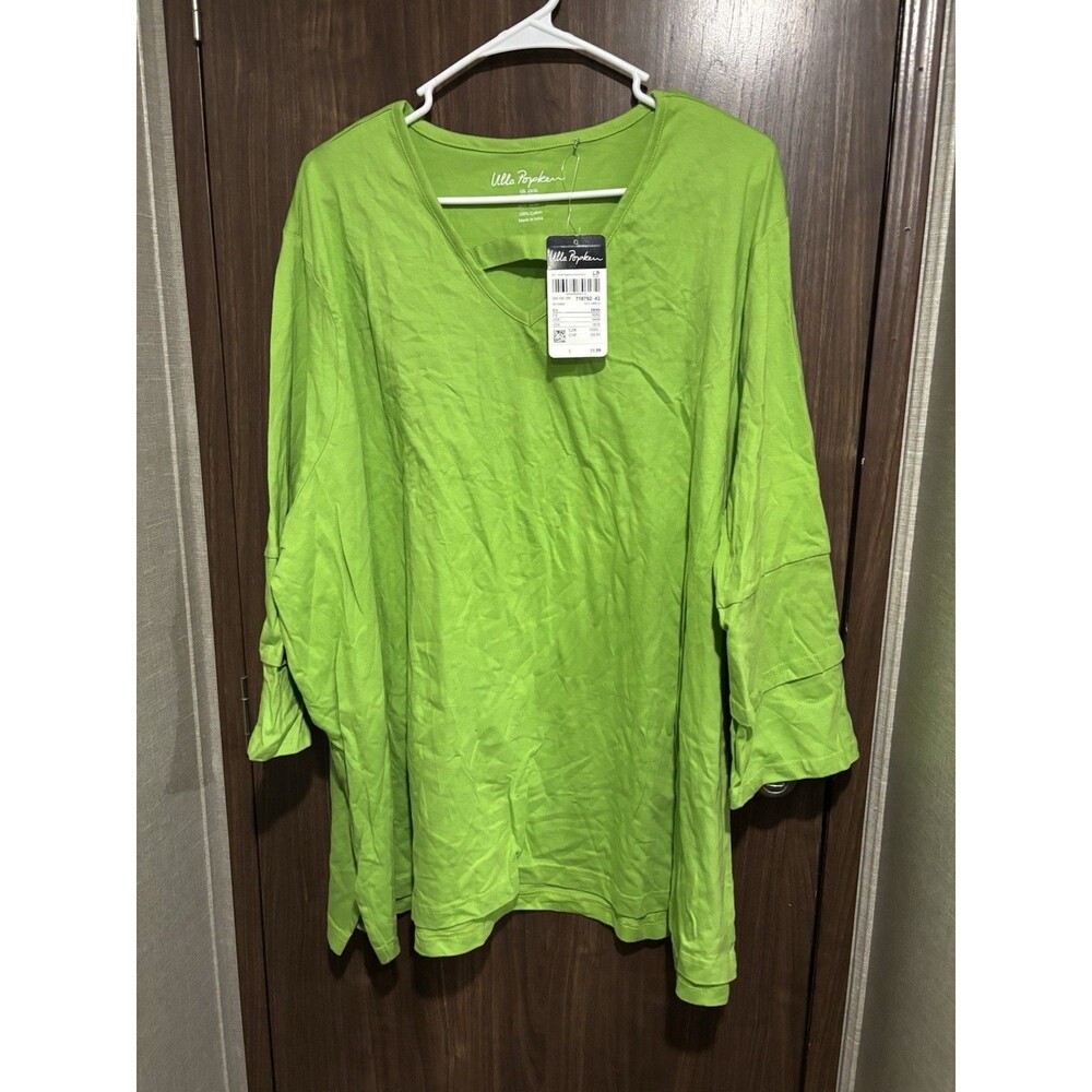 Ulla Popken Women’s Plus Size 28/30 Green 100% Cotton 3/4 Sleeve V-Neck Top NWT